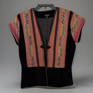 Vtg J.Peterman s/s Boho Black Velvet Vest Jacket w/Frog Closure -Waist Coat Sz 8